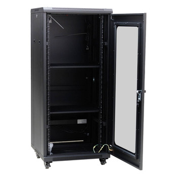 Inside view Datatek 24A27R66FPS showing 4 fans 2 shelves and PDU with toughened glass door opened