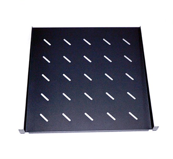 Datatek 1U 450mm cantilever shelf front view showing ventilated black powder coated surface for 19\" rack mounting