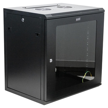 Datatek 24B12RW64 12U wall mount cabinet front view with tempered glass door and black powder coated frame for 19\" racks