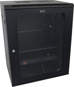 Datatek 24B15RW64FPS 15U wall mount cabinet front view with tempered glass door and black powder coated frame for 19\" racks
