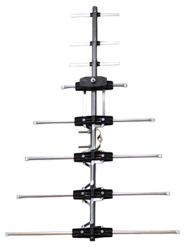 Fully assembled Digitek 12-element combination antenna in charcoal hammertone, emphasizing compact UV-stabilised hybrid construction and 1060 x 710 x 80 mm size