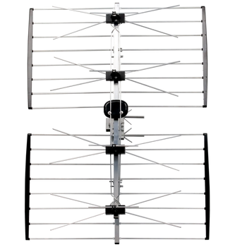 Front view of Digitek 01CUPA2LPOLY 36-element phased array UHF antenna, showcasing folding arms and F-Type balun for outer fringe reception