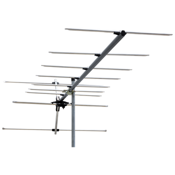Close-up of Digitek LTE Series 10-Element Yagi VHF antenna showing snap-out reflectors and stainless steel screws for easy Australian outdoor installation
