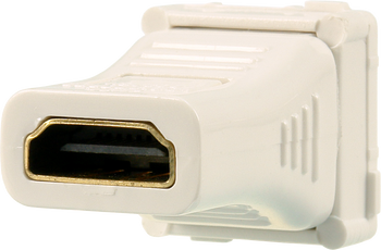 Close-up of Digitek HDMI insert gold-plated female ports and HDCP 2.2 label, straight-through for Clipsal/Digitek mounting