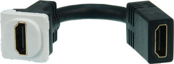 Closeup of white ABS plastic Digitek HDMI Female to HDMI Female 4K@60Hz insert showing gold-plated ports and bendable tail