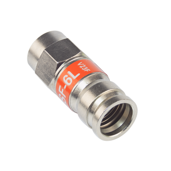 PCT TRSF6L RG6 F compression connector in brass housing with dual O-rings and lock washer, Foxtel-approved for coaxial cable installs