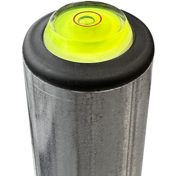 Close-up of Digitek tripod 44.5mm diameter mast with bubble level cap and welded iron security loop for theft prevention