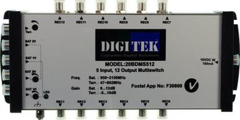 Digitek 20BDMS512 5x12 multiswitch in compact black housing with F-Type inputs/outputs, satellite/TV distribution for multi-room setups