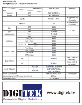 Digitek 20BDMS516 5x16 multiswitch specifications table
