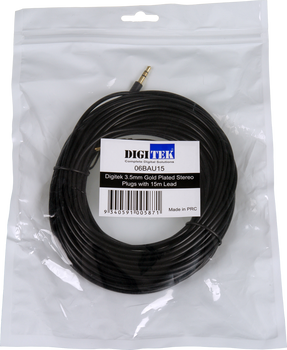 15m Digitek 3.5mm stereo audio lead in hang sell bag pack with label, multiple lengths with 1-year warranty