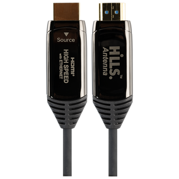 Close-up of Hills Antenna AOC HDMI gold-plated male end, optoelectronic module for zero-loss 4K@60Hz