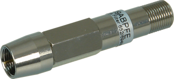 Digitek 09ABPFE band pass filter in silver compact housing with F-Type female-to-male connectors, 652-694 MHz pass for FTA TV protection