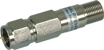Digitek 09ALPF694MA low pass LTE filter in silver compact housing with rotating F-Type male connector, 45dB rejection for TV antenna protection