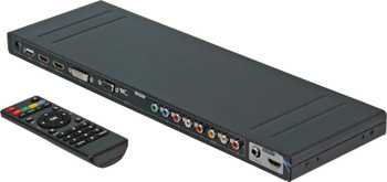 ProquipDigital 17HCONV all-to-HDMI scaler switcher in black compact housing with 8 inputs (HDMI/USB/DVI/AV/YPbPr/VGA) and multimedia player for AV conversion