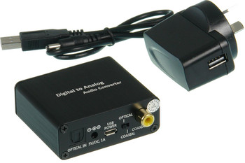 ProquipDigital 17HDAC digital to analog audio converter in black compact housing, optical/coaxial inputs to RCA/3.5mm outputs for high-res 192kHz playback
