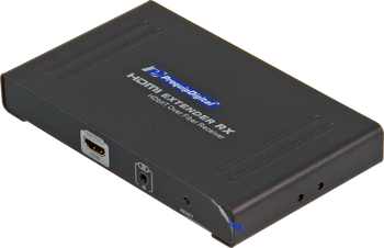Close-up of ProquipDigital 17HEXTF HDMI input/output, SFP fiber slot, and IR ports for HDCP 1.4 compliant 4K@30Hz extension