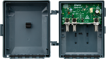 Kingray MHU25F UHF masthead amplifier in weatherproof housing with F-Type connector, 25dB gain and 4G/5G filtering for FTA TV