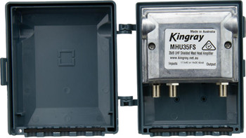 Close-up of Kingray MHU35FS weatherproof die-cast shell and F-Type input/output, low-noise design for digital UHF signals