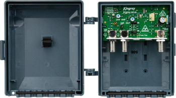 Kingray MHW25F VHF/UHF masthead amplifier in weatherproof housing with F-Type connectors, 25dB UHF gain for FTA TV