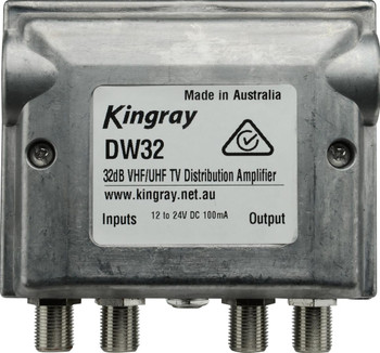 Kingray DW32 terrestrial distribution amplifier in die-cast housing with F-Type VHF/UHF inputs, 32dB gain for FTA TV boosting