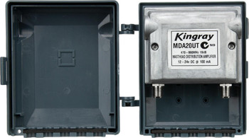Close-up of Kingray MDA20UT weatherproof die-cast shell and F-Type input/output, low noise <1.6dB for digital signals