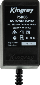 Kingray PSK06 14V DC 150mA plug pack with PAL (Belling Lee) connections, compact desktop power for small TV antennas