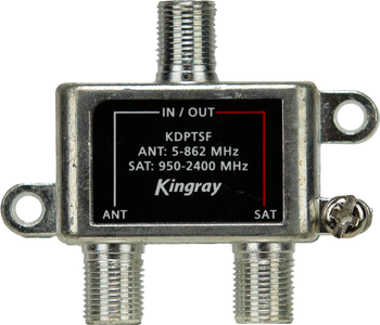 Kingray KDPTSF diplexer with F-Type ports for terrestrial and satellite TV merging, compact A-class design for home installs