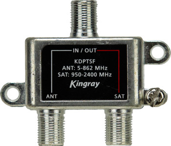 Kingray KDPTSF diplexer with F-Type ports for terrestrial and satellite TV merging, compact A-class design for home installs
