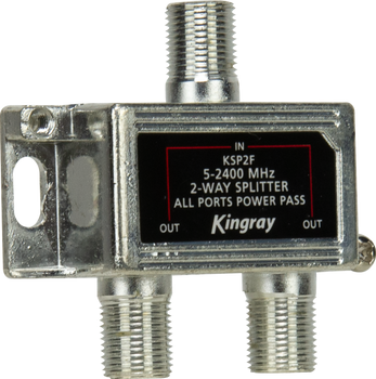 Side profile of of Kingray KSP2F input and two power-pass outputs, easy F-Type connections for balanced splitting