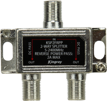 Kingray KSP2FRPP 2-way splitter with reverse power pass in small zinc housing, F-Type ports for simple TV signal division
