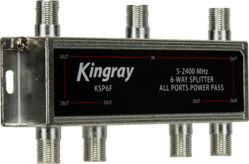 Side view of Kingray KSP6F input and six power-pass outputs, simple F-Type setup for even sharing