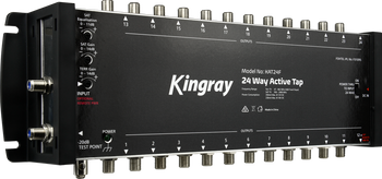 Side Close-up of Kingray KAT24F dials for 15dB gain and 11dB satellite equalization, plus 20dB test point for easy tweaks
