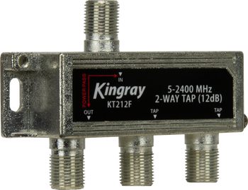 Side view of Kingray KT212F input, two tap outputs, and DC power pass-through, easy F-Type connections for beginners