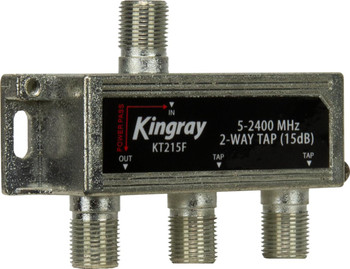 Close-up of Kingray KT215F input, 2 tap outputs, and 2A DC power pass-through on Foxtel-approved passive tap