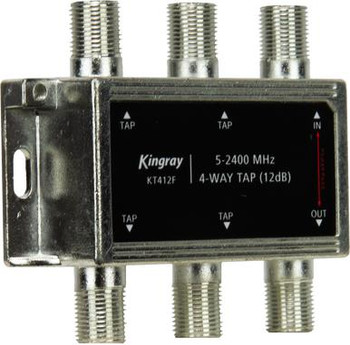 Close-up of Kingray KT412F input, 4 tap outputs, and 2A DC power pass-through on Foxtel-approved passive tap