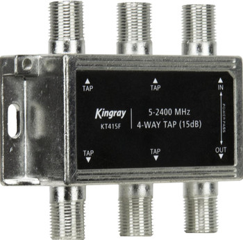Close-up of Kingray KT415F single input, 4 tap outputs, and 2A DC pass-through on Foxtel-approved passive tap