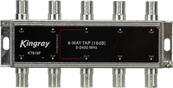 Close-up of Kingray KT816F input, 8 tap outputs, and power pass-through port on zinc die-cast housing