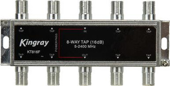 Close-up of Kingray KT816F input, 8 tap outputs, and power pass-through port on zinc die-cast housing