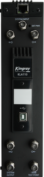 Close-up of Kingray KLA110 F-Type input/output ports and -30dB test point on programmable amplifier module
