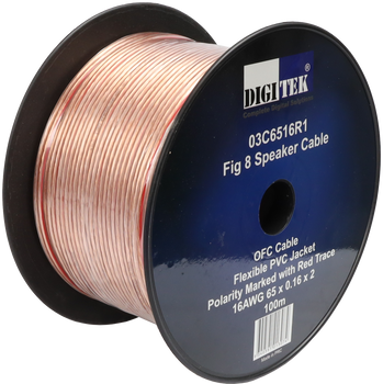 Digitek 100m 16AWG speaker cable on labeled plastic reel, 2 x 3.5mm for versatile audio installs