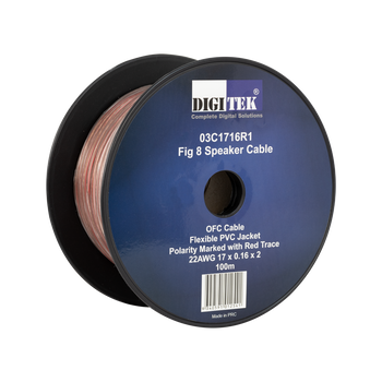 Digitek High Performance Figure 8 Speaker Cable 100m 03C1716R1 22AWG on plastic reel, clear PVC with red polarity trace