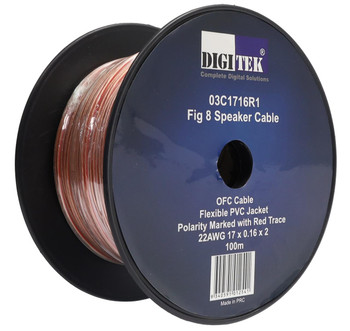 Digitek 100m 22AWG speaker cable reel with label, compact 2 x 2.6mm dimensions for slim audio setups