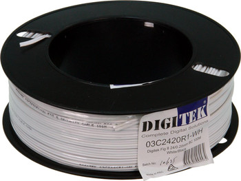 Digitek 100m white 18 AWG figure-8 audio cable on labeled plastic reel for quick access