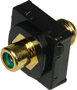 Closeup of black ABS plastic Digitek green RCA insert showing recessed F female to yellow RCA female ports