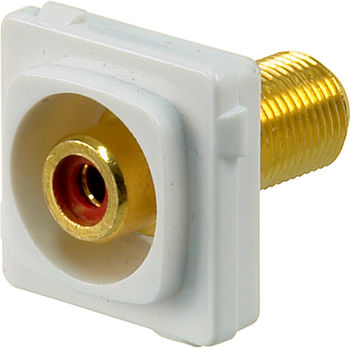 Closeup of white ABS plastic Digitek red RCA insert showing recessed F female to yellow RCA female ports