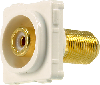 Closeup of white ABS plastic Digitek white RCA insert showing recessed F female to yellow RCA female ports