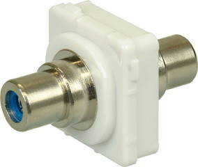 Closeup of blue ABS plastic Digitek RCA insert showing female to female ports for cable passthrough