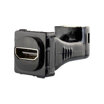 Closeup of black ABS plastic Digitek right angle HDMI insert showing 90-degree female ports for cable routing