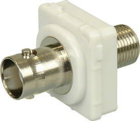 Closeup of white ABS plastic Digitek 75 Ohm insert showing BNC female to F female ports