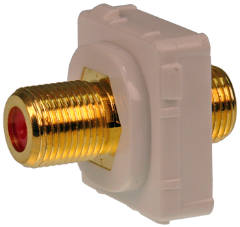 Closeup of white ABS plastic Digitek 2GHz F-type insert showing female to female barrel ports